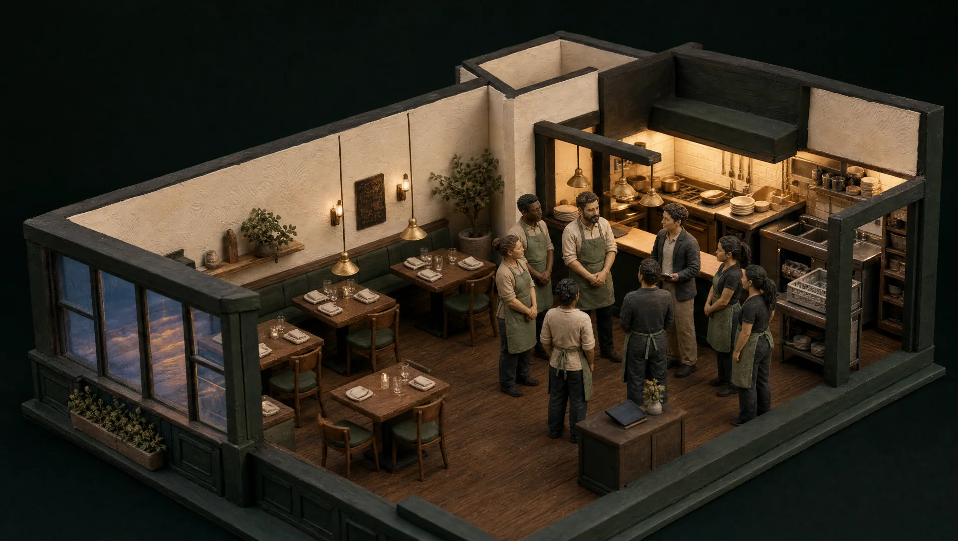 A miniature clay restaurant shortly before opening: the dining room is set and empty while the whole team gathers near the kitchen pass as the lights come on.
