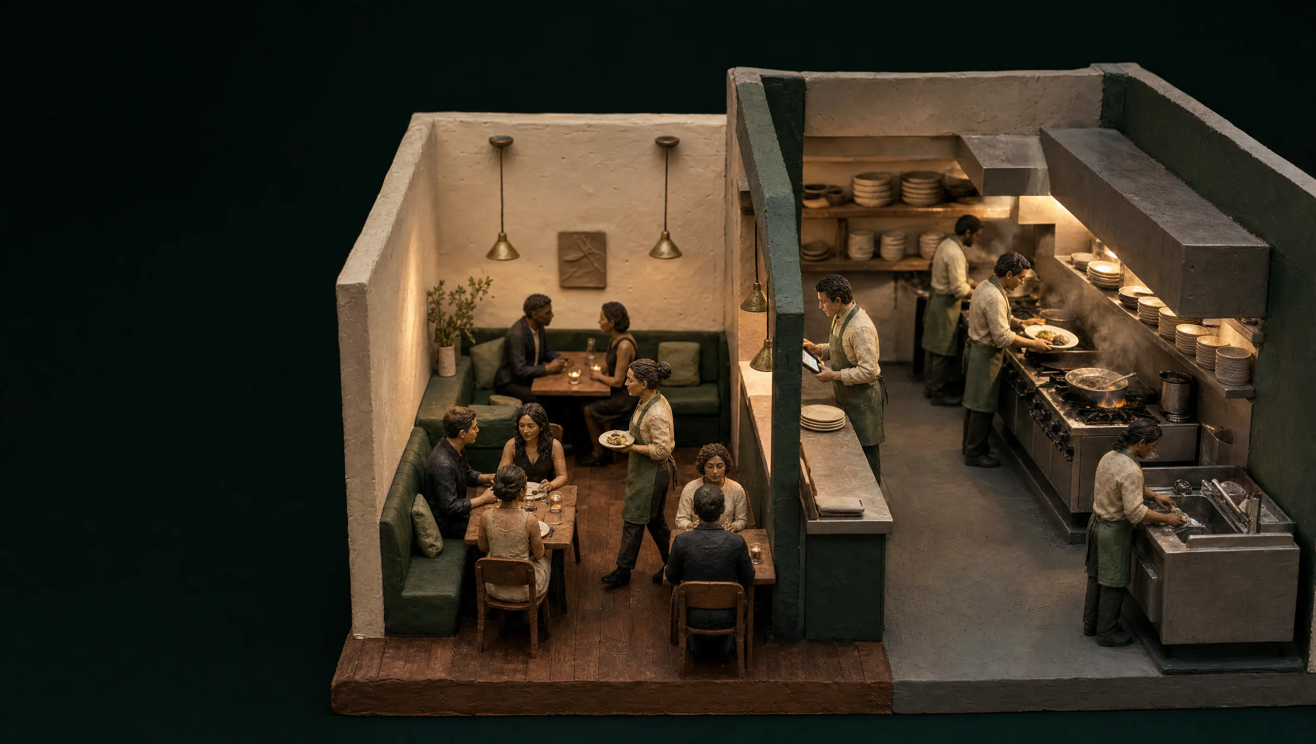 A miniature cutaway restaurant shows guests in the dining room and the staff, kitchen, and manager working behind the service.