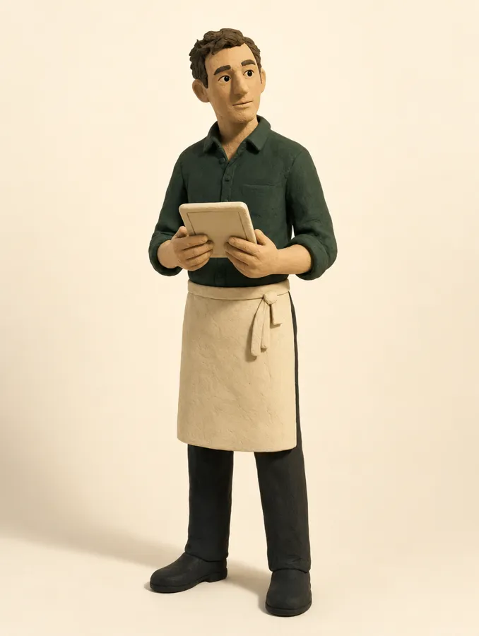 A small sculpted clay figure of a restaurant manager holding a tablet.