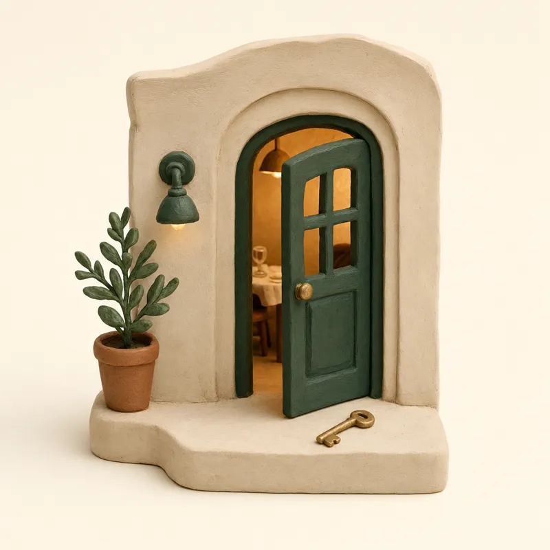 A small clay restaurant doorway with a key resting on the step.