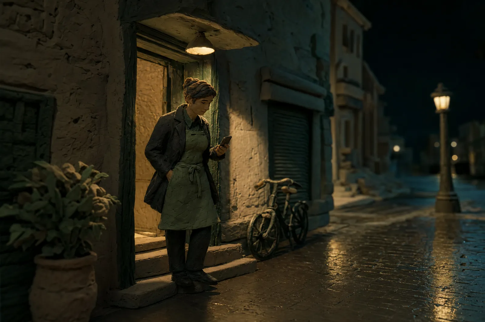 A clay figure of a hospitality worker leaving a late shift, pausing under a doorway lamp on a quiet night street to look at a phone.