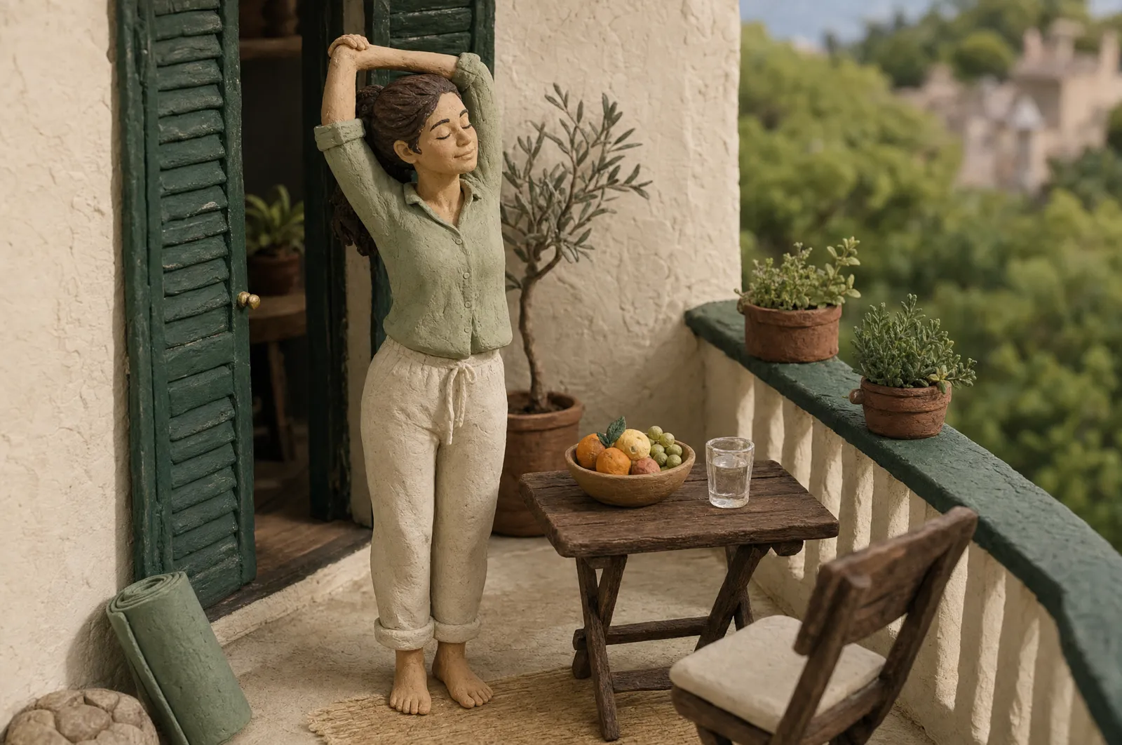 A clay figure of a hospitality worker stretching on a small balcony in morning light beside potted herbs and a bowl of fruit.